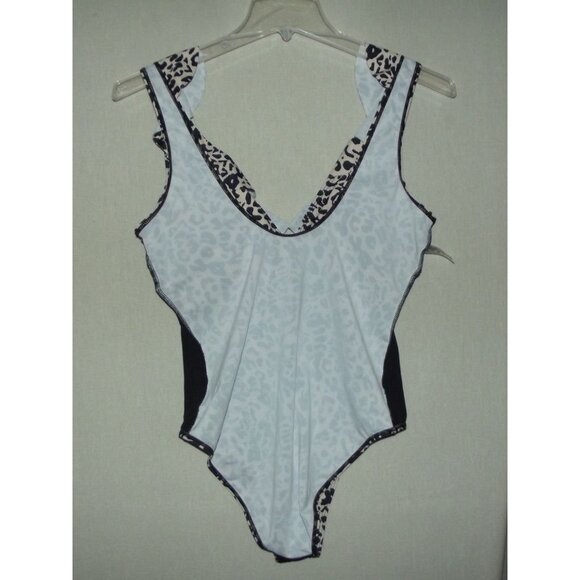 Swimsuit Size Large animal print  Black Beige One piece Swim Suit v-neck ruffle - Picture 11 of 14